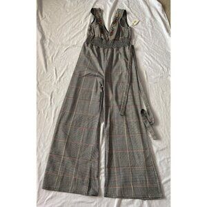 Plaid Jumpsuit With Embroidered Floral Details V-Neckline & Removable Belt By Co